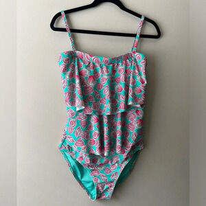 Caribbean Joe size 12 one piece swimsuit turquoise and pink tiered swim